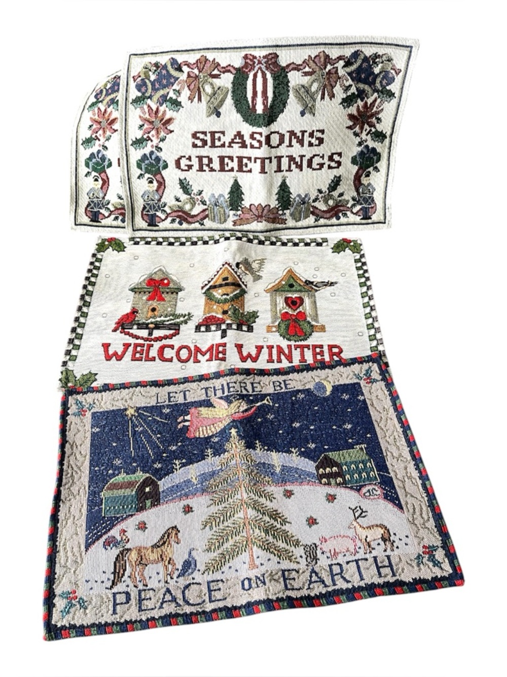 Christmas Embroidered Placemats Set of 4 Holiday Tapestry Table Decor